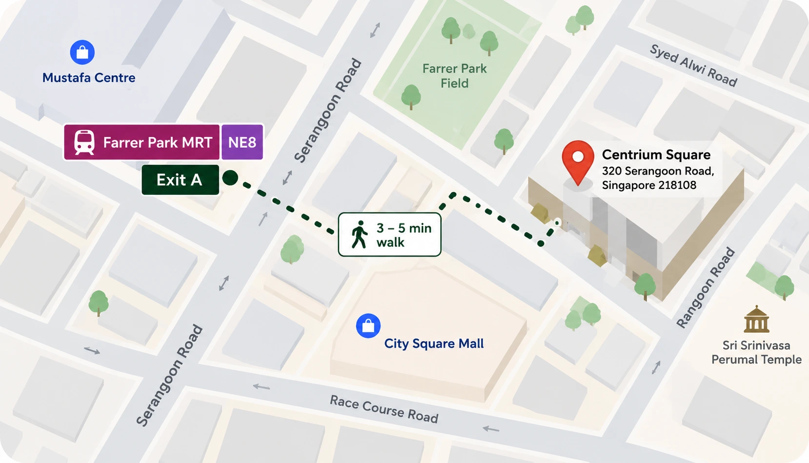 Location map showing Dr Harshini Homeopathy Clinic at Centrium Square, 320 Serangoon Road, Singapore